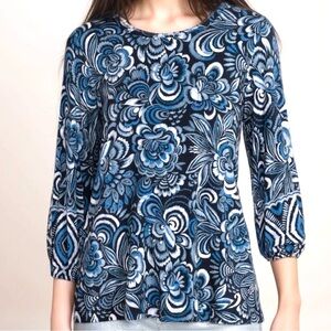 JOHNNY WAS Top Janie Favorite Puff Sleeve Knit Tee in Blue and Black NWT